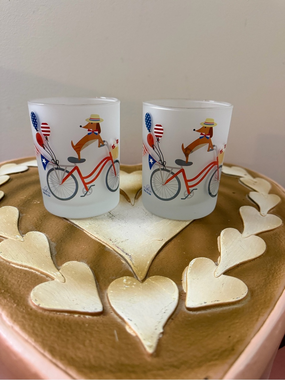 Set of 2 Glass 4th of July Dachshund on Bike Patriotic Candle Holders or Jars